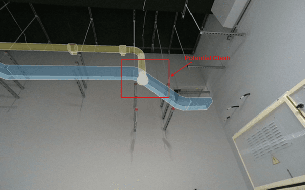 critical design clash between the ventilation duct and the containment brackets installed by the subcontractors.