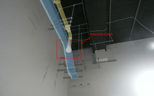 another view of critical design clash between the ventilation duct and the containment brackets installed by the subcontractors.